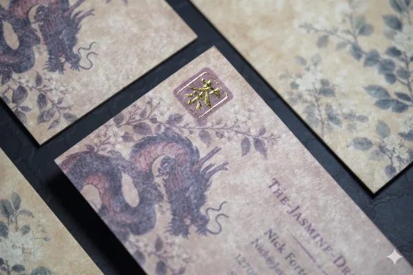A close-up of textured natural paper stock with a soft floral watermark pattern.