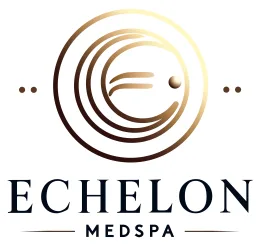 Before: a flat Echelon MedSpa logo file — a gold circular monogram above a serif wordmark, on white.
