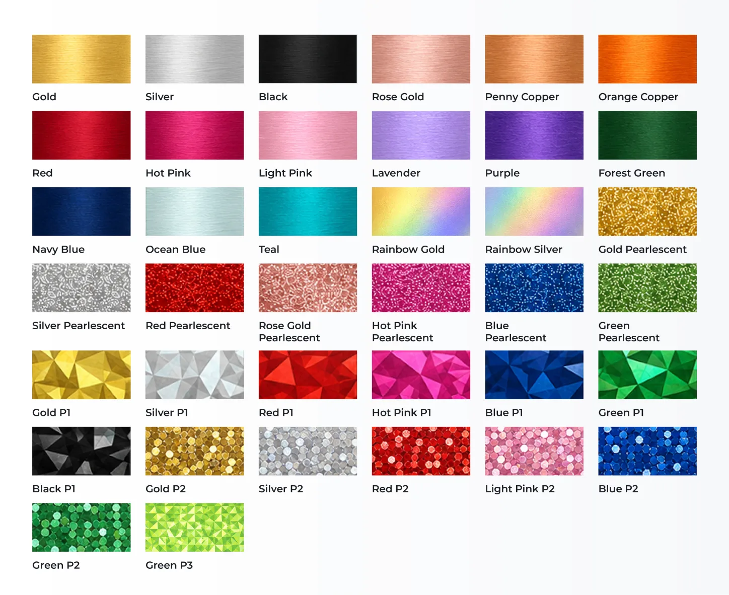 The 38 SilkCards foil swatches, each labeled: solid metallic and colored foils, rainbow, pearlescent, and the P1, P2 and P3 pattern foils.