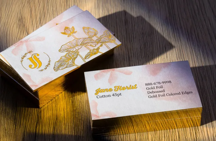 White cotton Jane Florist card with gold foil floral detail and gold foiled edges