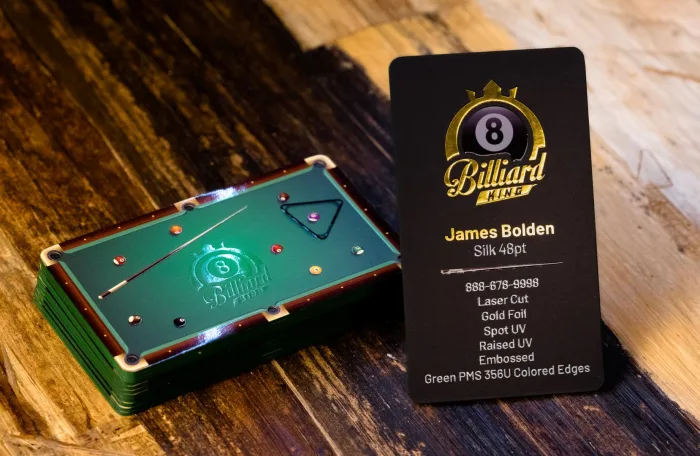 Black silk Billiard King card with a pool table graphic and gold foil emblem